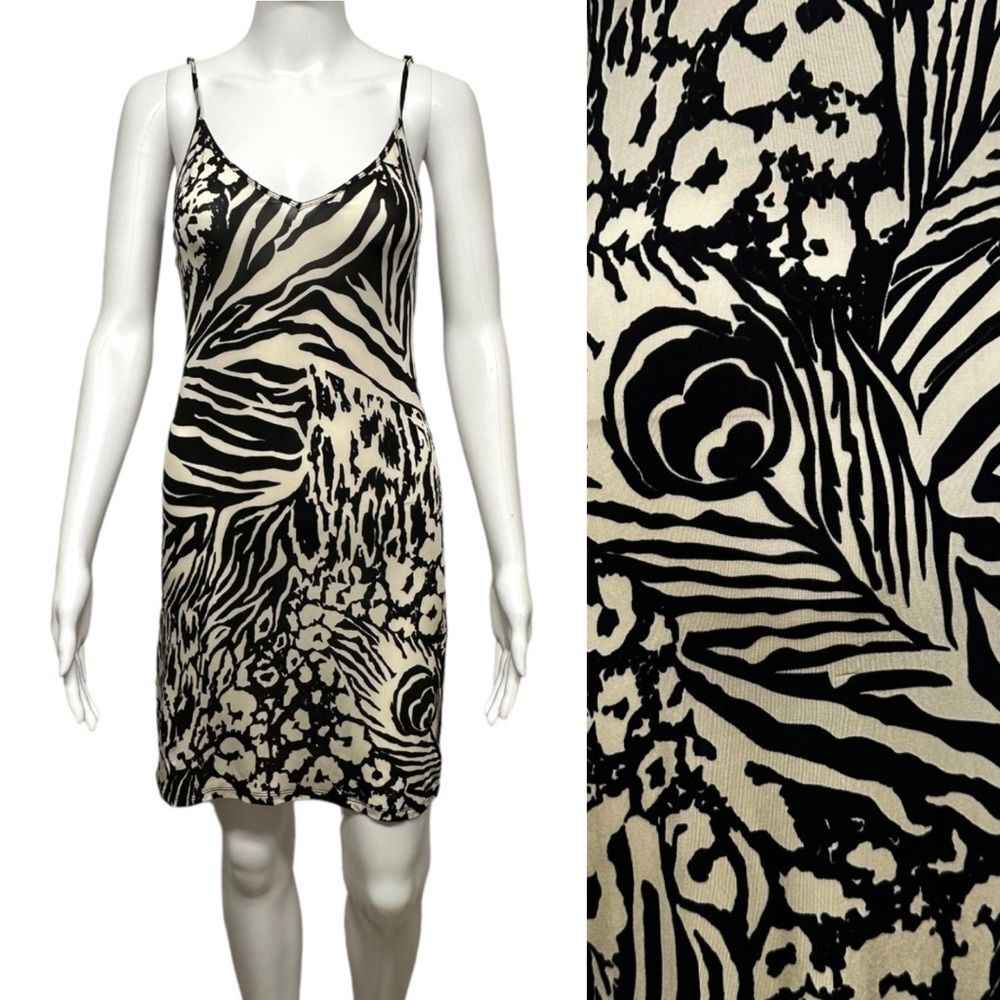 VINTAGE Hale Bob 90s Y2K 2000s Feather Print Slinky Sheer Sexy Slip Dress S XS